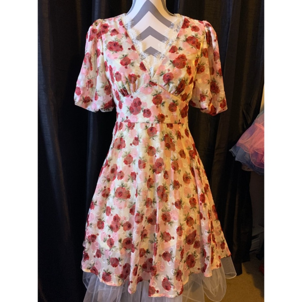 Pink Babydoll Flower V Neck Sheer Dress